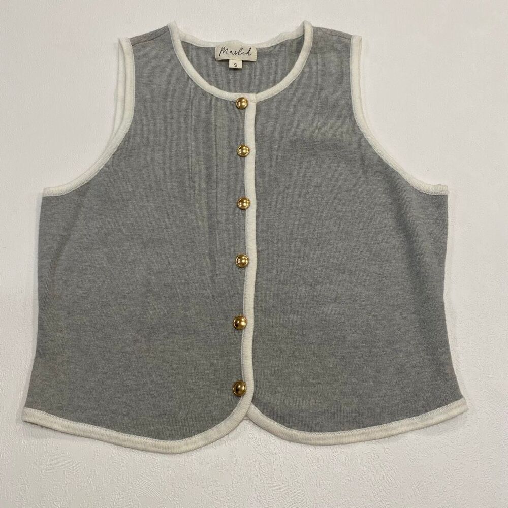 Marled Gray Knit Vest Top Small – Gold Button Trim, Sleeveless Layering Tank